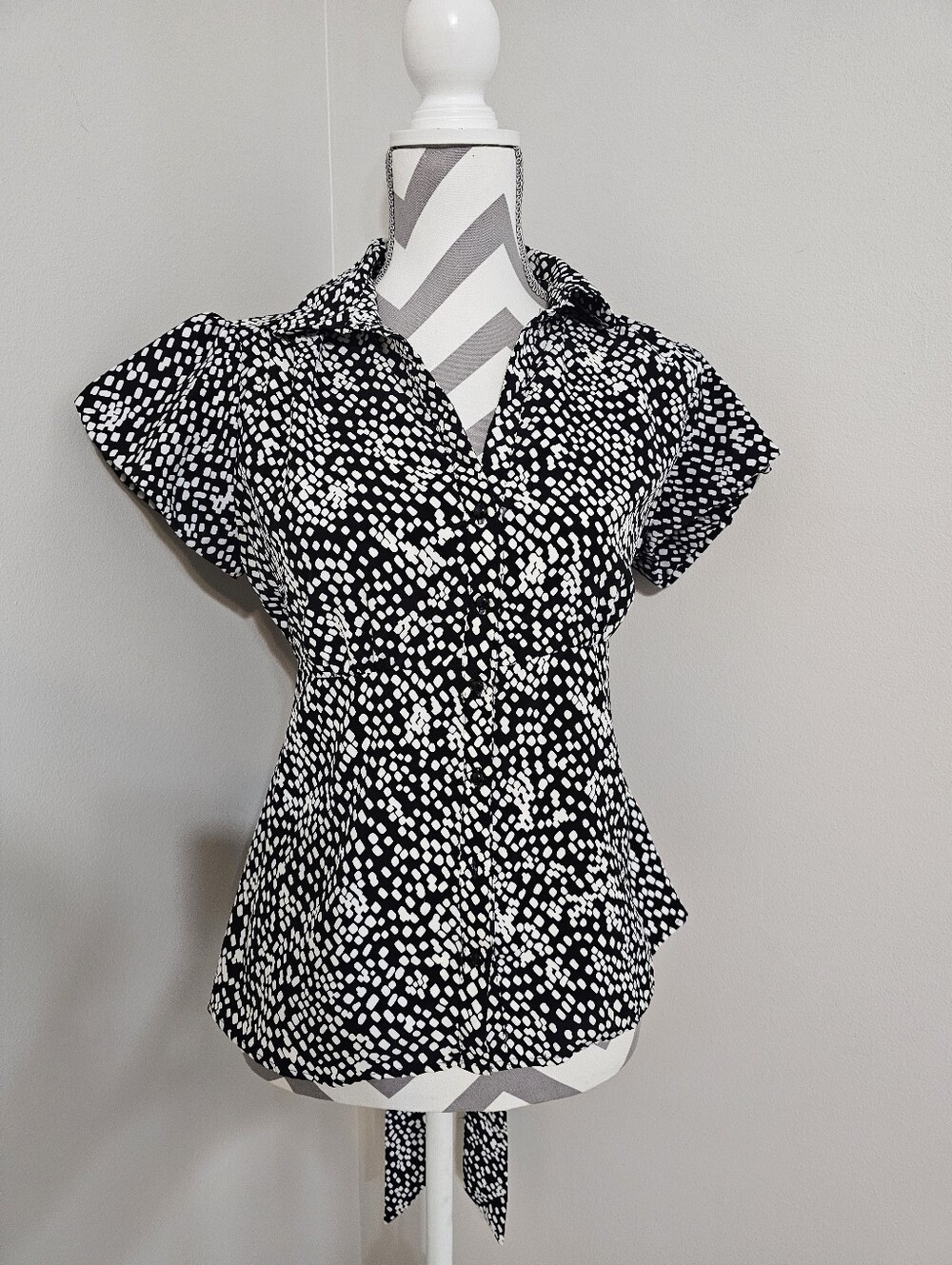 Women’s Black & White Polka Dot Flutter Sleeve Blouse